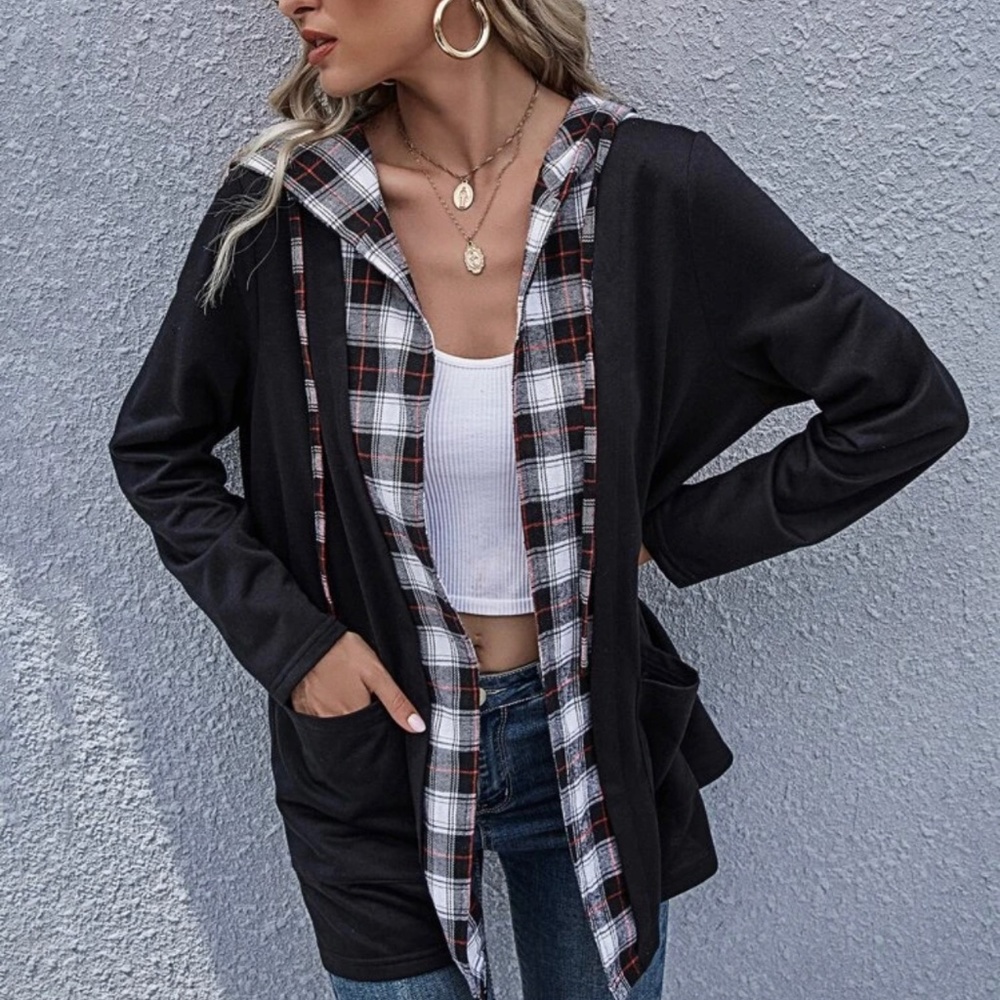 New!!! Spliced Plaid Dual Pocket Open Front Coat